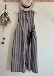 Women Black Striped Tie Waist Long Vest Dress Summer