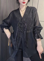 Women Black Tasseled Chinese Button Patchwork Chiffon Shirt Tops Fall