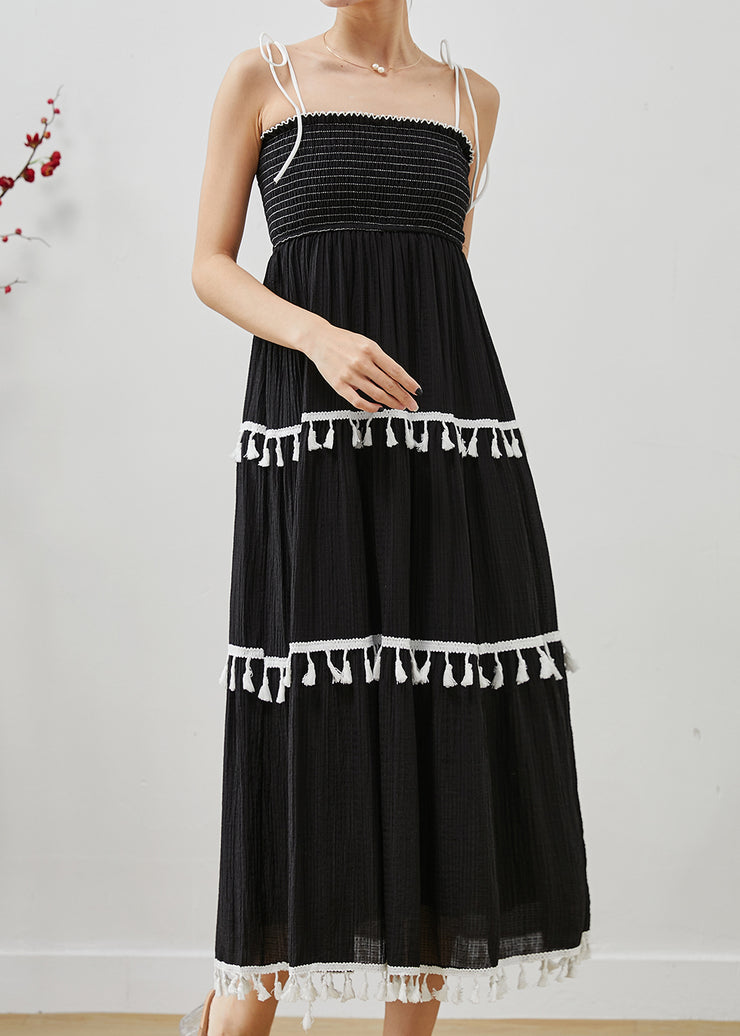 Women Black Tasseled Cotton Summer Spaghetti Strap Dress