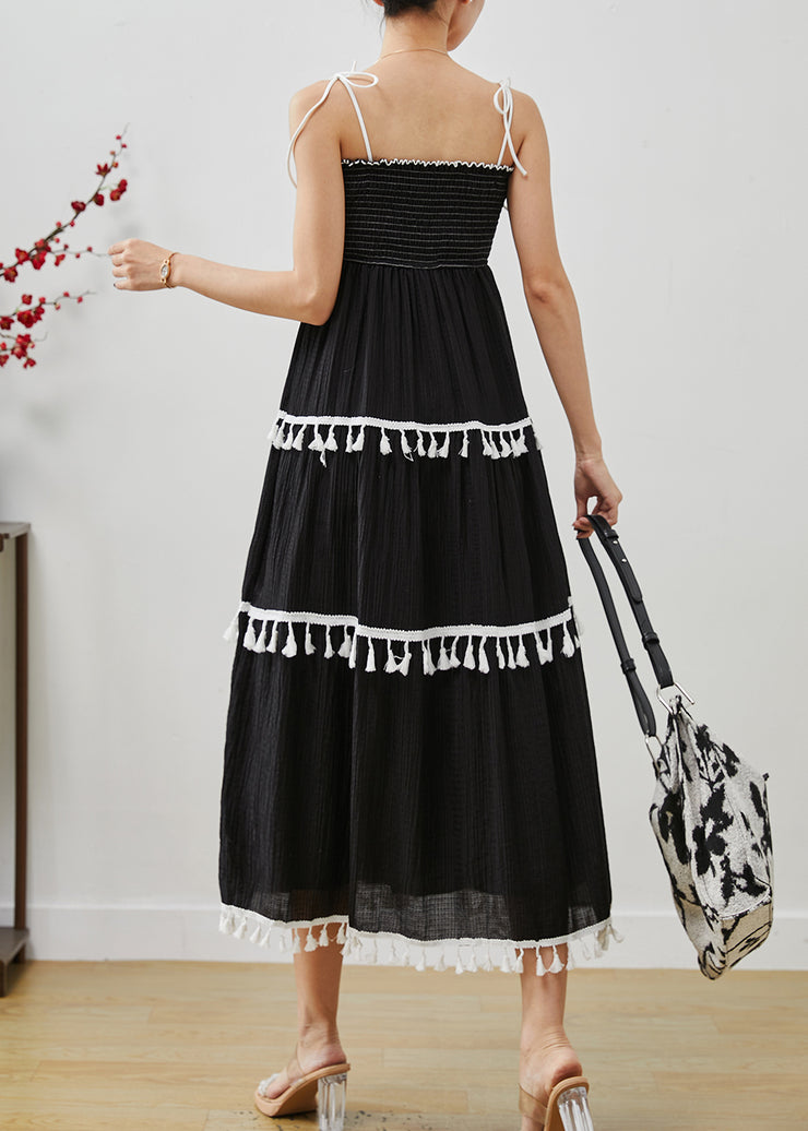 Women Black Tasseled Cotton Summer Spaghetti Strap Dress