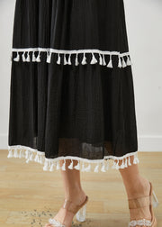 Women Black Tasseled Cotton Summer Spaghetti Strap Dress