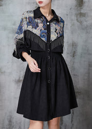 Women Black Tasseled Patchwork Cotton Dress Spring