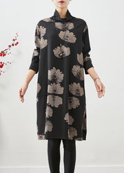 Women Black Turtle Neck Print Cotton Dresses Fall