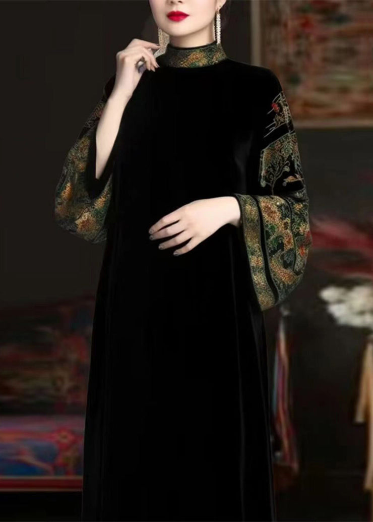 Women Black Turtleneck Print Patchwork Silk Long Dresses Fall