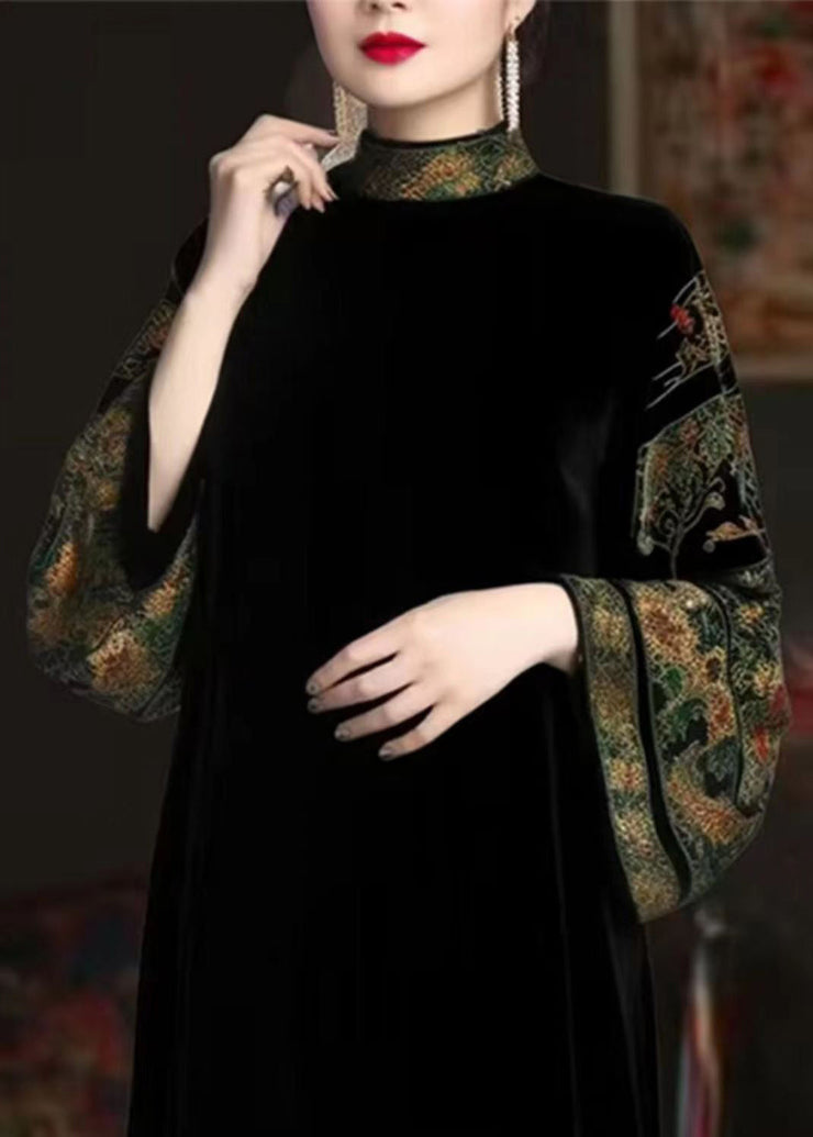 Women Black Turtleneck Print Patchwork Silk Long Dresses Fall