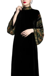 Women Black Turtleneck Print Patchwork Silk Long Dresses Fall