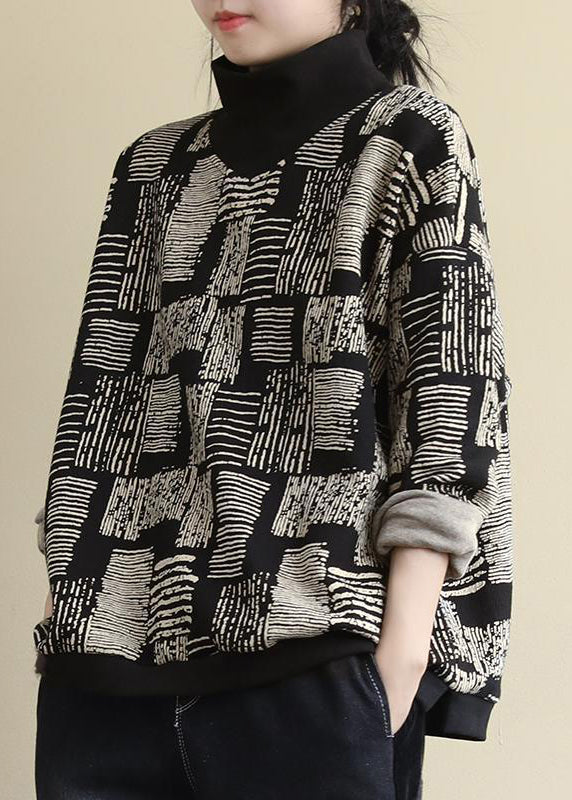 Women Black Turtleneck Print Patchwork Warm Fleece Tops Long Sleeve