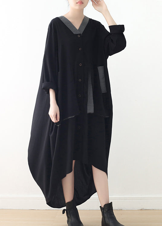 Women Black V Neck Asymmetrical Low High Design Button Maxi Dress Fall