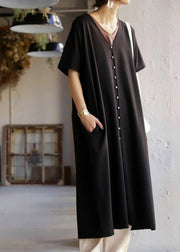 Women Black V Neck Button Maxi Dress Short Sleeve