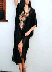 Women Black V Neck Embroideried Chiffon Long Beach Dresses Batwing Sleeve