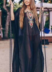 Women Black V Neck Embroideried Chiffon Long Beach Dresses Batwing Sleeve