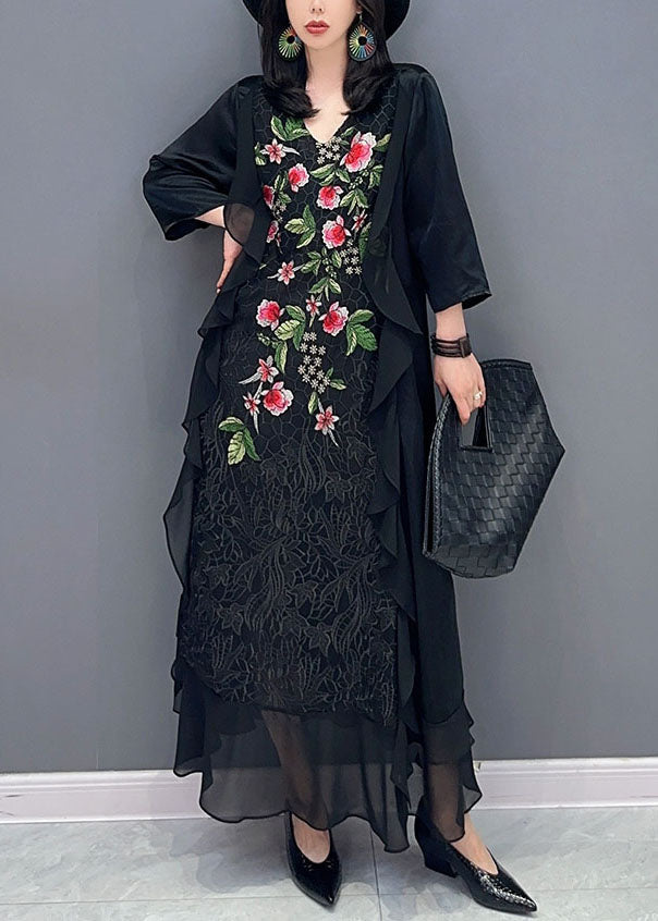 Women Black V Neck Embroideried Patchwork Chiffon Long Dress Summer