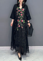 Women Black V Neck Embroideried Patchwork Chiffon Long Dress Summer