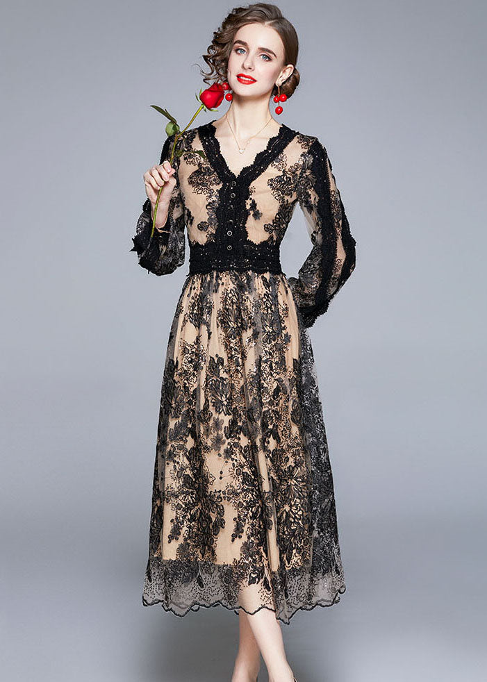 Women Black V Neck Embroideried Patchwork Tulle Dresses Long sleeve