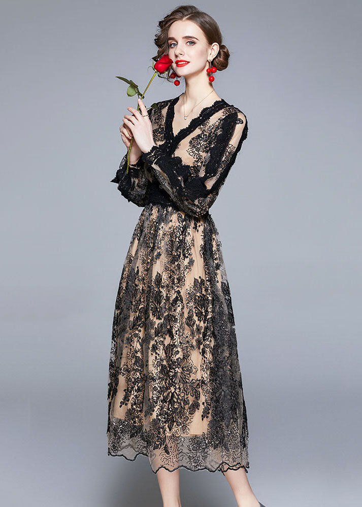 Women Black V Neck Embroideried Patchwork Tulle Dresses Long sleeve