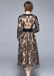 Women Black V Neck Embroideried Patchwork Tulle Dresses Long sleeve