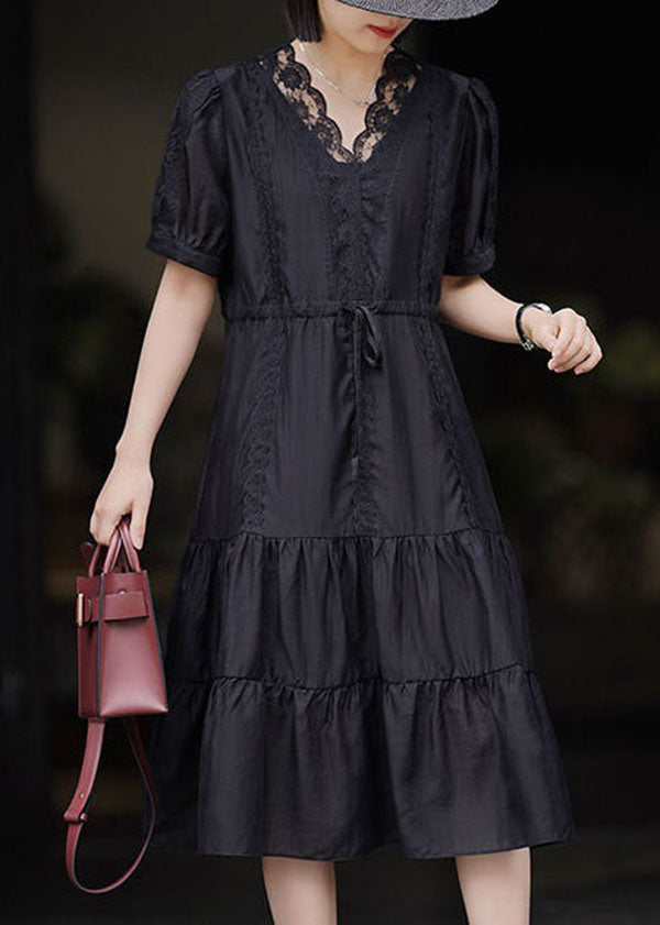 Women Black V Neck Lace Patchwork Chiffon Dresses Summer