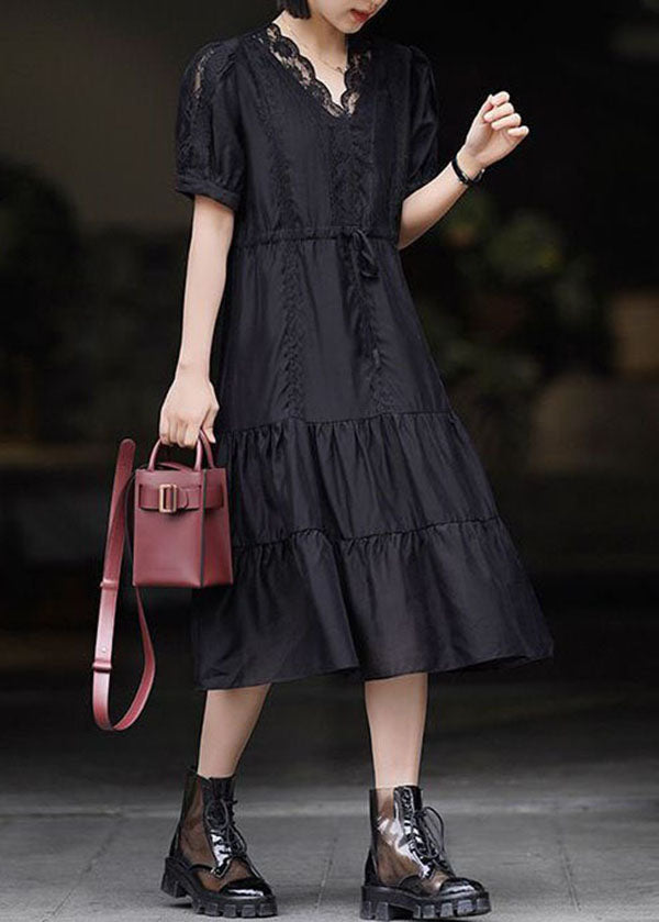 Women Black V Neck Lace Patchwork Chiffon Dresses Summer