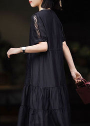 Women Black V Neck Lace Patchwork Chiffon Dresses Summer