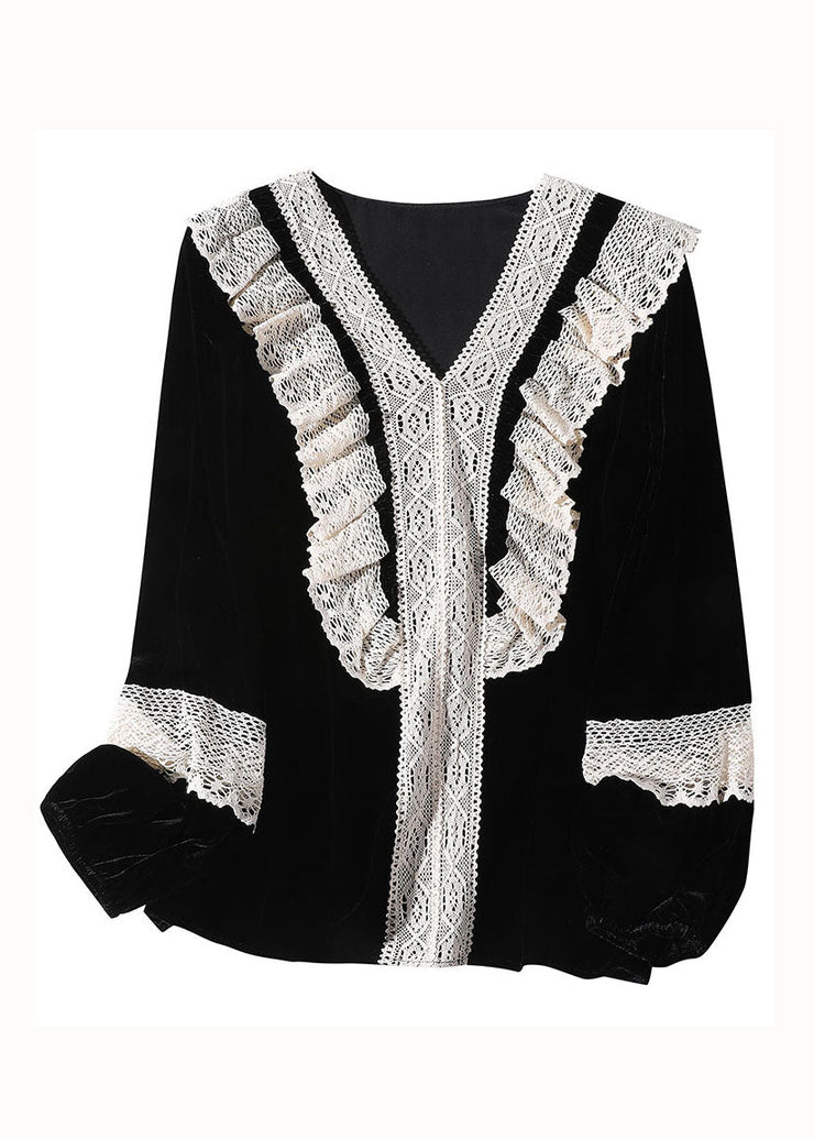 Women Black V Neck Lace Patchwork Silk Velour Top Spring