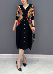 Women Black V Neck Patchwork Print Button Dress Spring