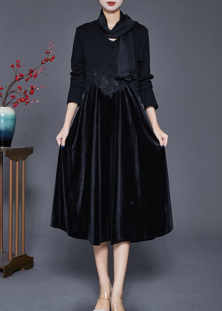 Women Black V Neck Patchwork Silk Velour Maxi Dresses Fall