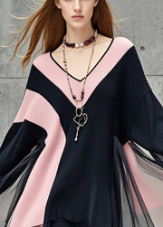 Women Black V Neck Patchwork Tulle Sweater Dress Fall