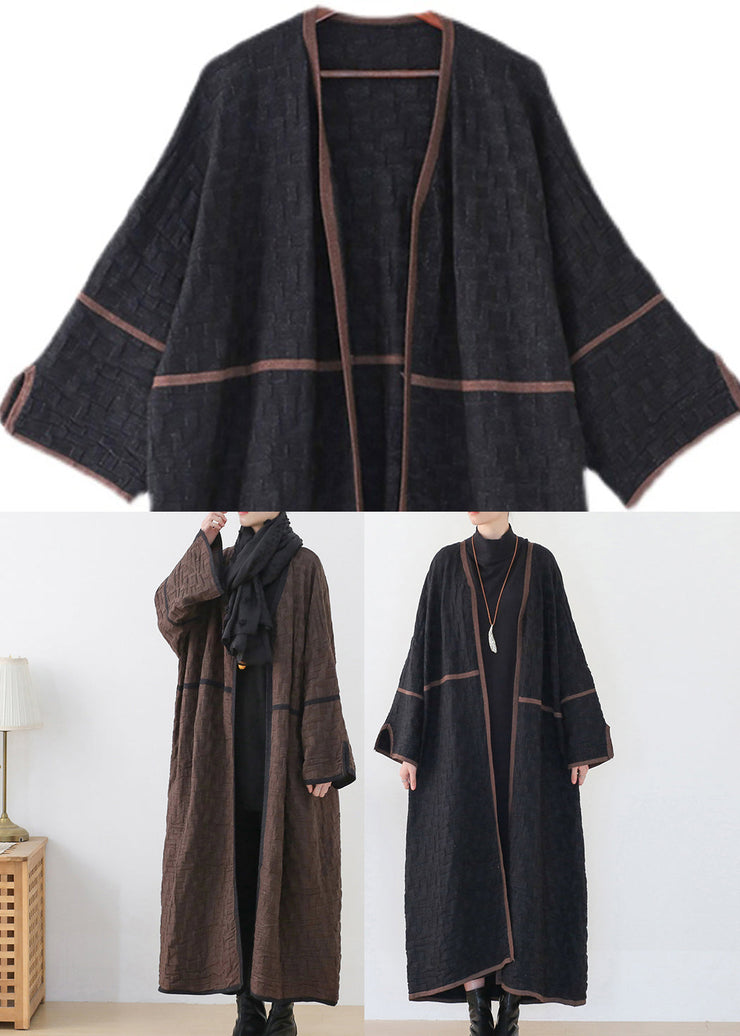 Women Black V Neck Patchwork Woolen Trench Coats Long Sleeve