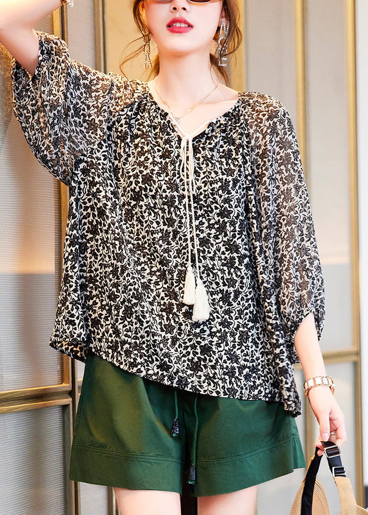 Women Black V Neck Print Chiffon Shirts Summer