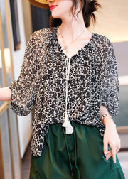 Women Black V Neck Print Chiffon Shirts Summer