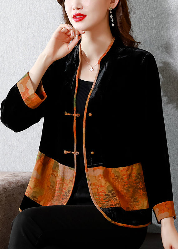 Women Black V Neck Print Patchwork Button Silk Velour Coats Fall