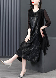 Women Black V Neck Print Patchwork Fake Two Pieces Satin Maxi Dress Summer