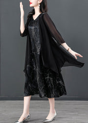 Women Black V Neck Print Patchwork Fake Two Pieces Satin Maxi Dress Summer