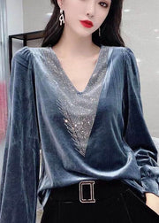 Women Black V Neck Sequins Silk Velour Top Long Sleeve