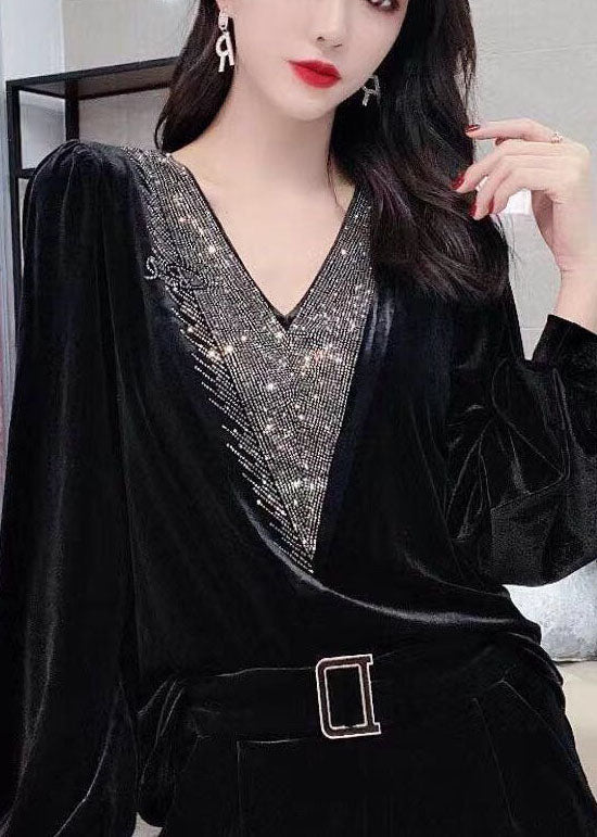 Women Black V Neck Sequins Silk Velour Top Long Sleeve