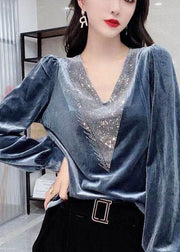 Women Black V Neck Sequins Silk Velour Top Long Sleeve