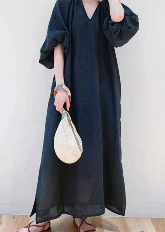 Women Black V Neck Side Open Cotton Dresses Puff Sleeve