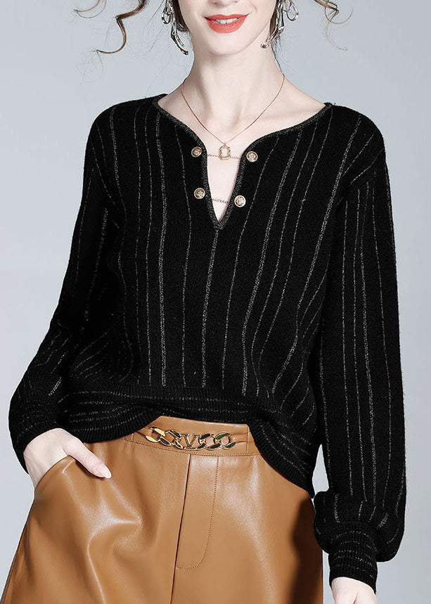 Women Black V Neck Striped Button Woolen Top Spring