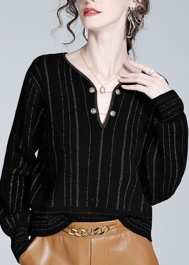 Women Black V Neck Striped Button Woolen Top Spring