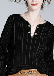 Women Black V Neck Striped Button Woolen Top Spring