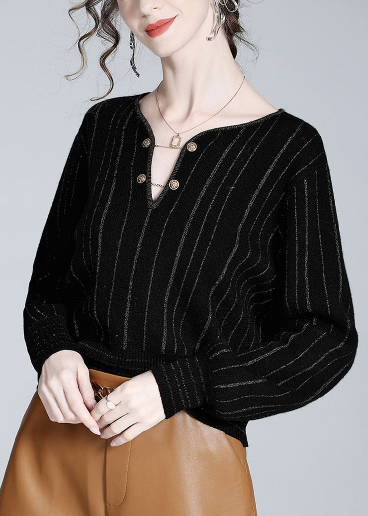 Women Black V Neck Striped Button Woolen Top Spring