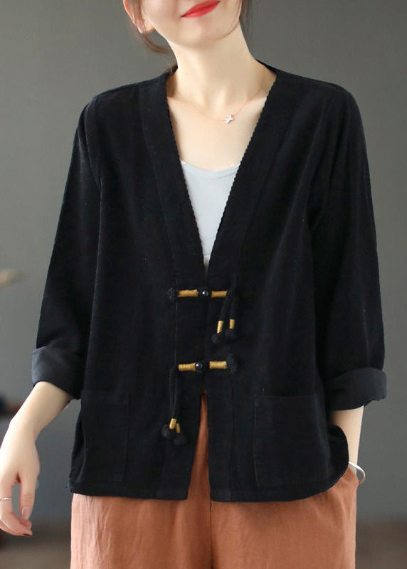 Women Black V Neck Tasseled Button Patchwork Corduroy Coat Fall