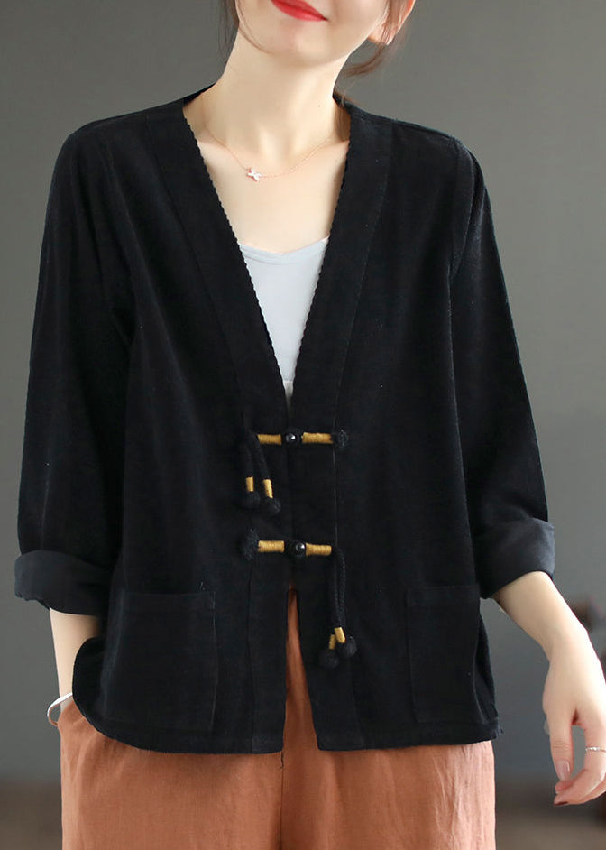 Women Black V Neck Tasseled Button Patchwork Corduroy Coat Fall