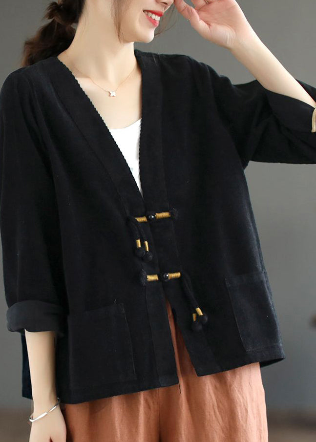 Women Black V Neck Tasseled Button Patchwork Corduroy Coat Fall