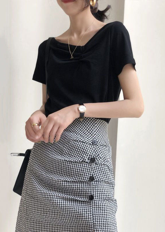 Women Black V Neck Tops And Skirts Cotton Two Pieces Summer