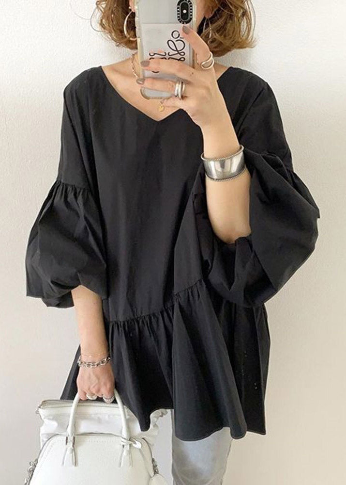 Women Black V Neck Wrinkled Solid Shirts Lantern Sleeve