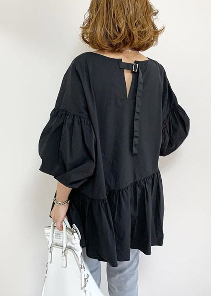 Women Black V Neck Wrinkled Solid Shirts Lantern Sleeve