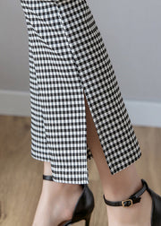 Women Black White Plaid High Waist Side Open Button Crop Pants Spring