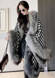 Women Black White Plaid Oversized Patchwork Fox Hair Cloak Winter