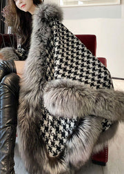 Women Black White Plaid Oversized Patchwork Fox Hair Cloak Winter